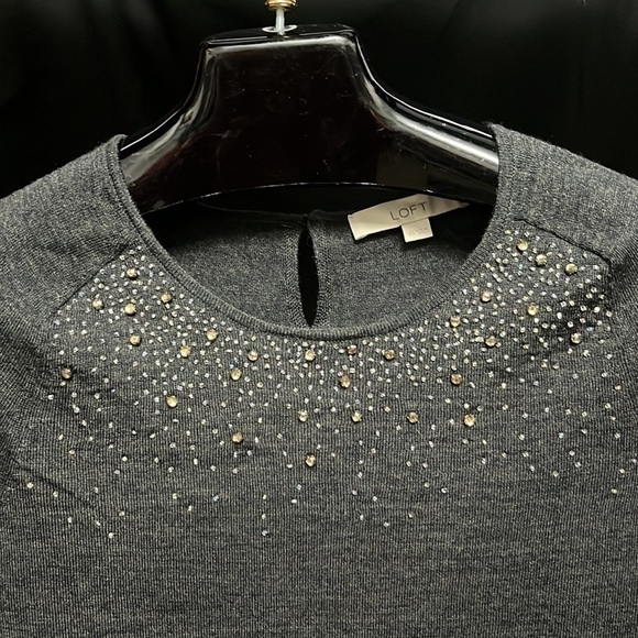 Loft- dark gray, lightweight, gemmed sweater with buttoned back of neck - Picture 2 of 6